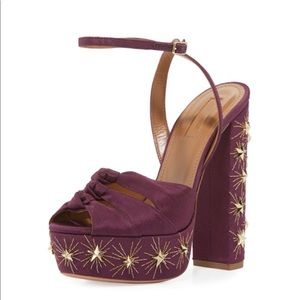 $895 AQUAZZURA Mira Embellished Twill Platform Sandal Plum 37.5